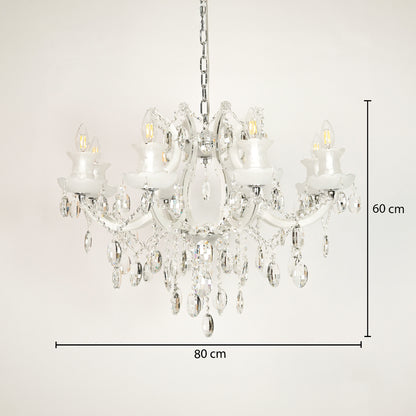 Dimension image of large gold metal candle style chandelier for modern dining room decor styling with precise size measurement.