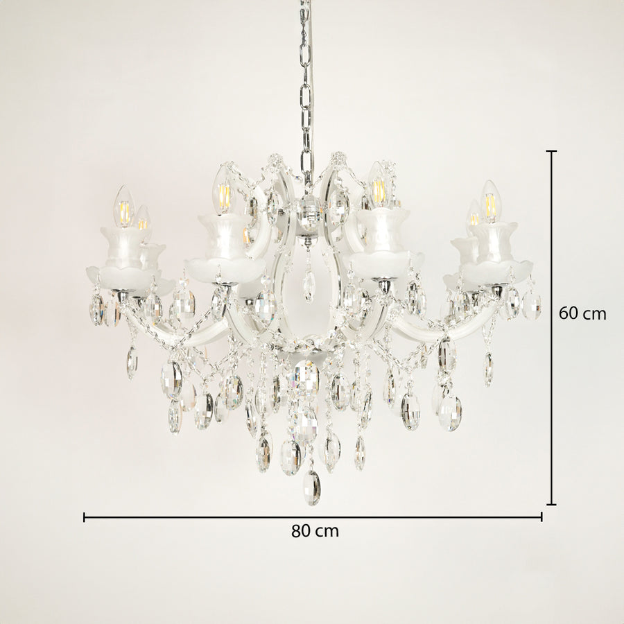 Dimension image of large gold metal candle style chandelier for modern dining room decor styling with precise size measurement.