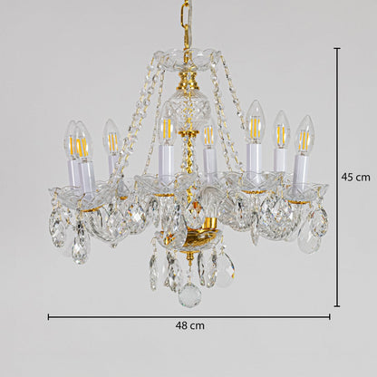 Gold metal crystal chandelier sized 45 cm height and 48 cm width ideal for elegant living room or dining room ceiling lighting.