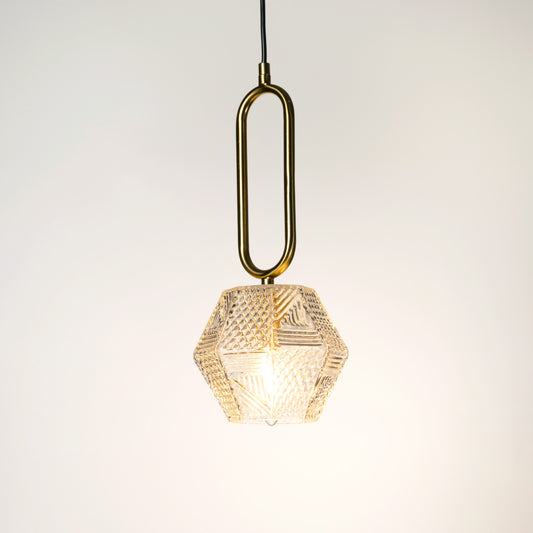 Geometric crystal pendant light with gold oval frame crafted for contemporary luxury interiors.