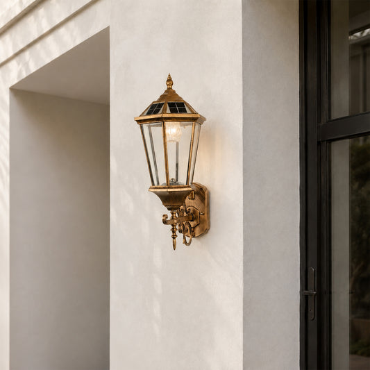 Vintage bronze outdoor wall light lifestyle image beside doorway for elegant classic exterior decor.