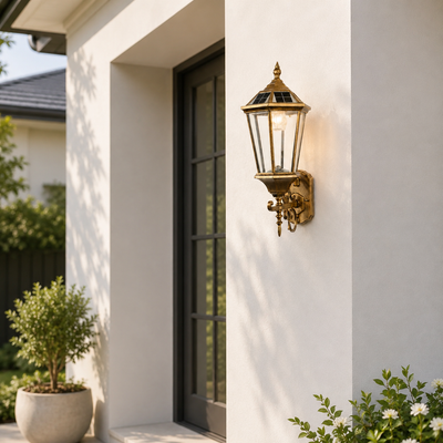 Antique brass metal outdoor wall lantern sconce light for house front door entry porch patio exterior facade decoration.