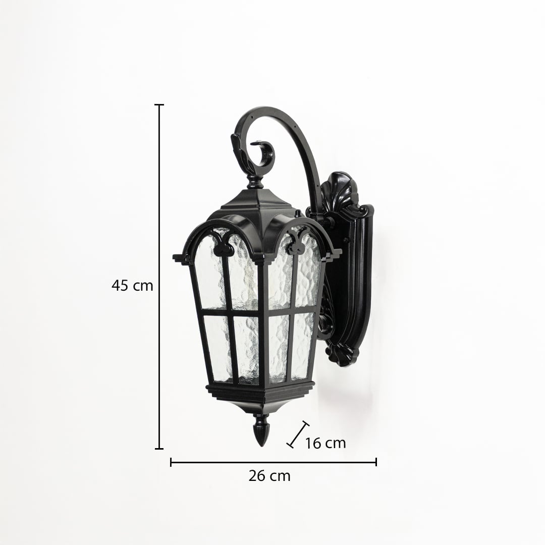 Black metal outdoor wall lantern shown with dimensions 45 cm height 26 cm width and 16 cm depth for accurate exterior installation.