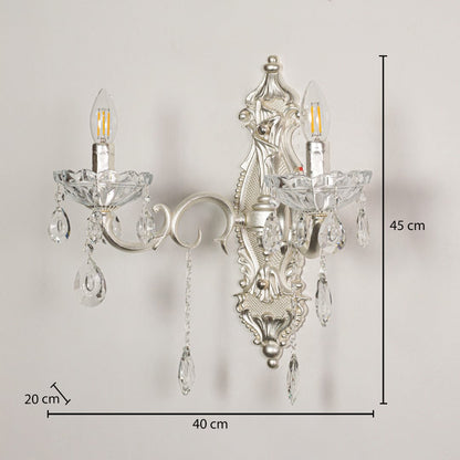 Wall light with silver metal frame and crystal droplets shown with 45 cm height and 40 cm width and 20 cm depth for accurate placement.