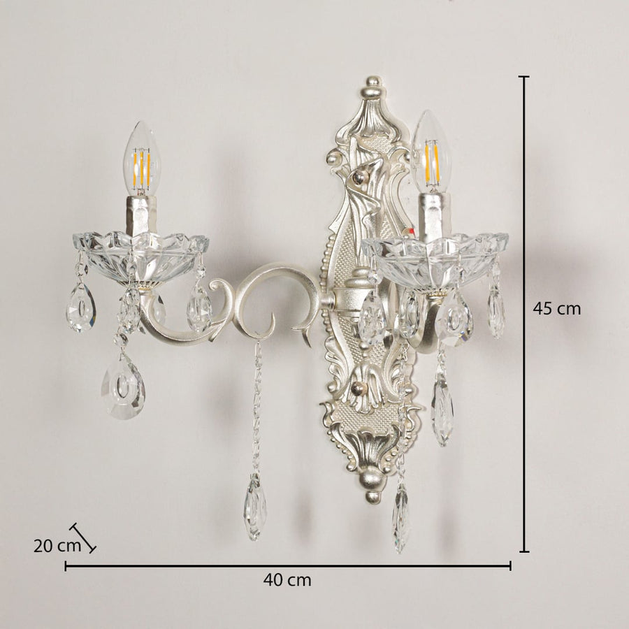 Wall light with silver metal frame and crystal droplets shown with 45 cm height and 40 cm width and 20 cm depth for accurate placement.