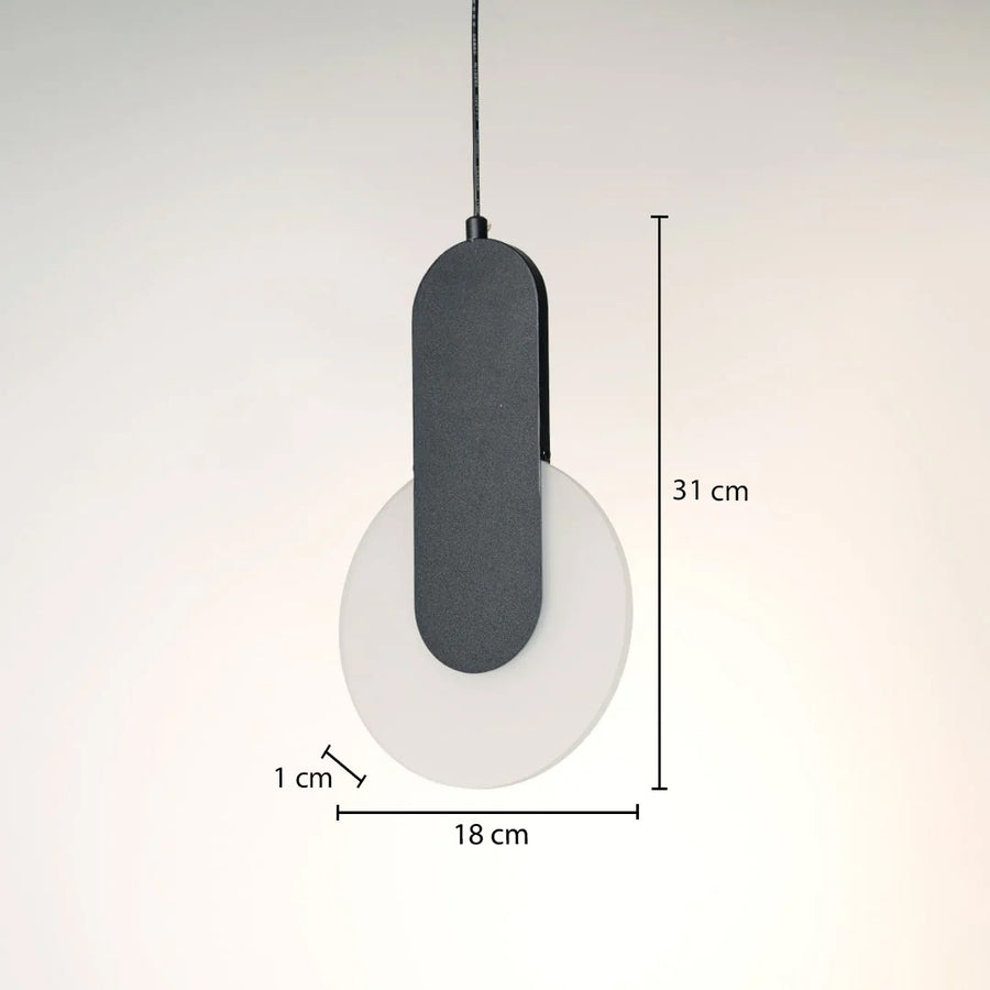 Dimension image of grey concrete pendant light with white acrylic disc showing 31 cm height and 18 cm width.