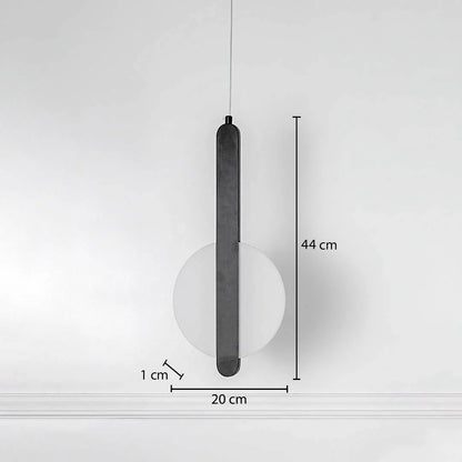 Geometric LED pendant lamp with black bar and white circular shade showing 43.5cm height 19.8cm width and 1.5cm depth.