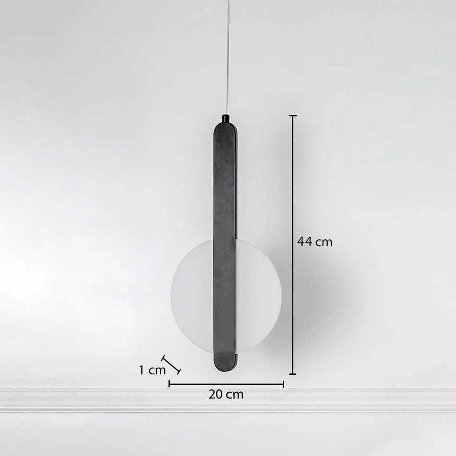 Geometric LED pendant lamp with black bar and white circular shade showing 43.5cm height 19.8cm width and 1.5cm depth.