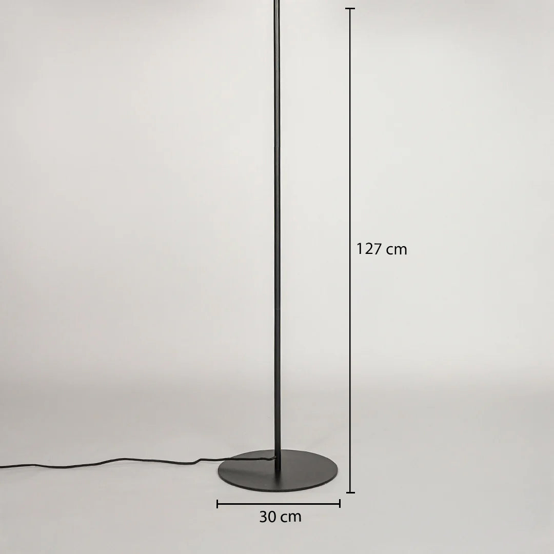 Dimension image of black metal floor lamp base for elegant living room decor styling and modern home interior lighting setup.
