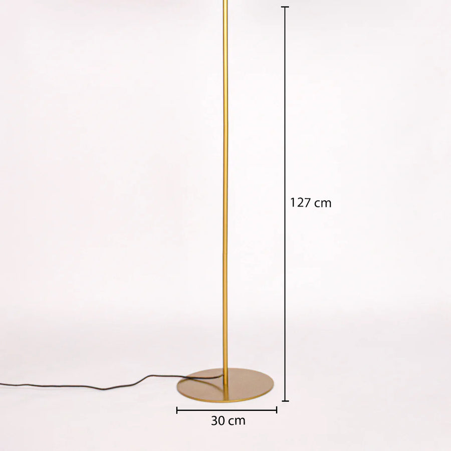 Dimension image of gold metal floor lamp base for elegant living room decor styling and modern home interior lighting setup.