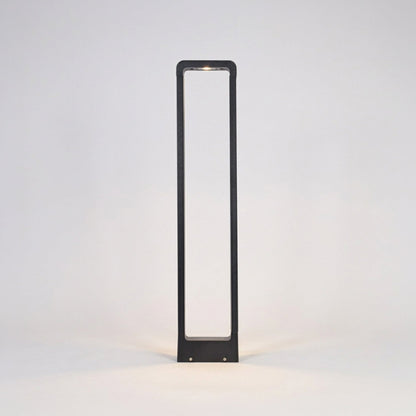 Minimal outdoor pathway light with rectangular metal frame and white diffuser on clean background perfect for contemporary exterior lighting.