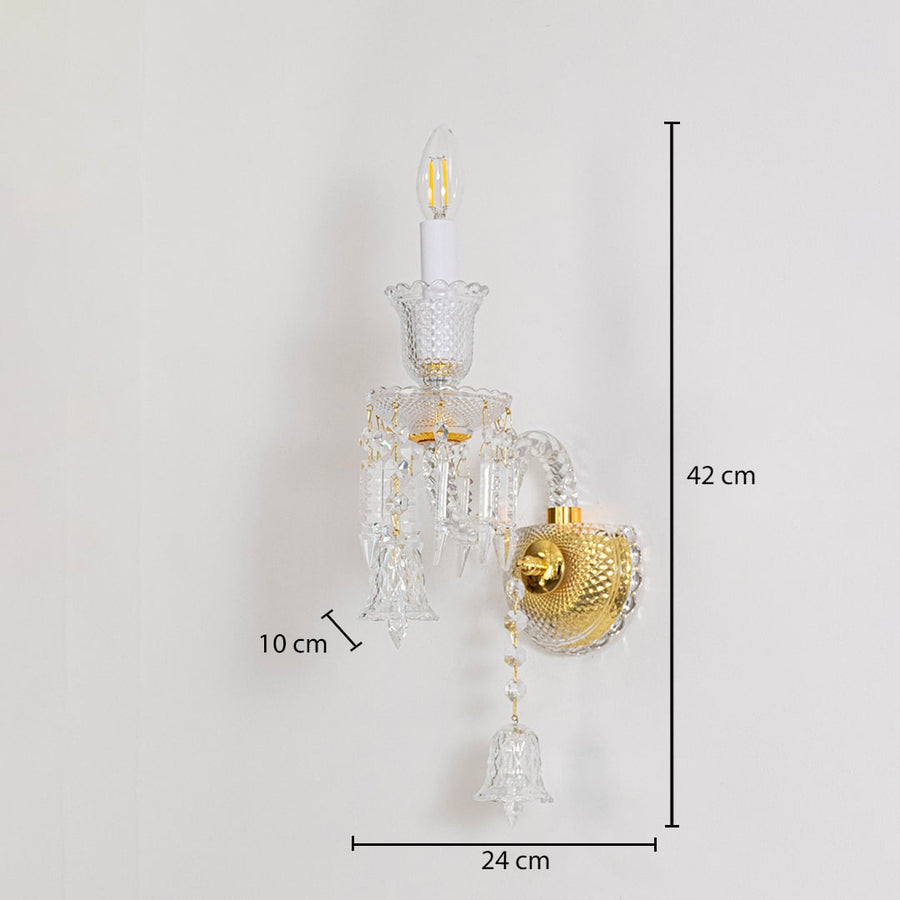 Double arm crystal wall light with ornate glass shades and crystal accents size 24cm height 42cm width 10cm depth displayed with measurements.