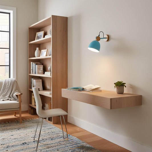 Table lamp wall mounted light above floating desk enhancing a modern study space with soft illumination and clean interior styling.