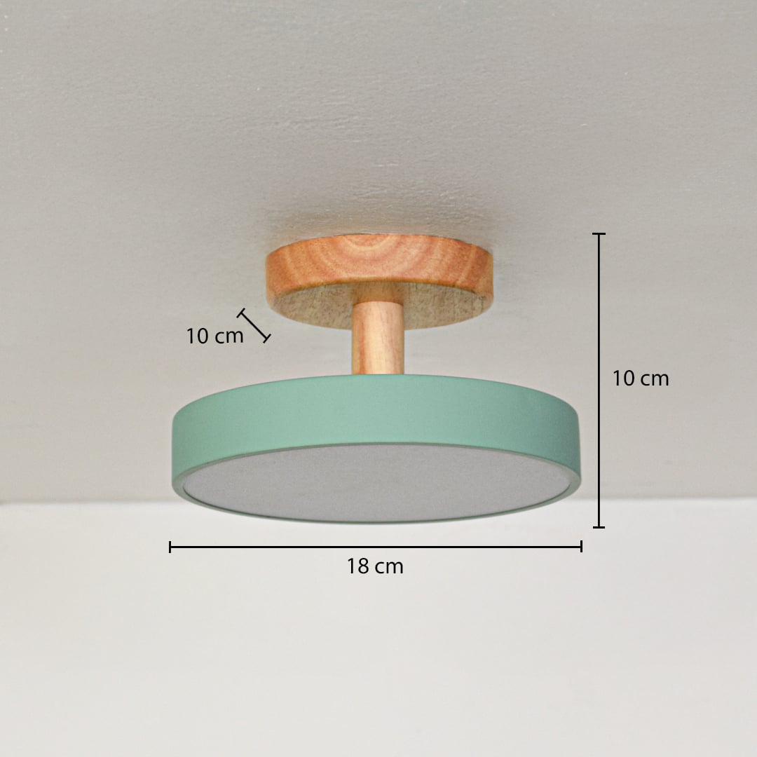 Mint green metal wood ceiling light with 18 cm diameter and 10 cm height for compact modern decor spaces.