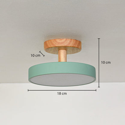 Mint green metal wood ceiling light with 18 cm diameter and 10 cm height for compact modern decor spaces.