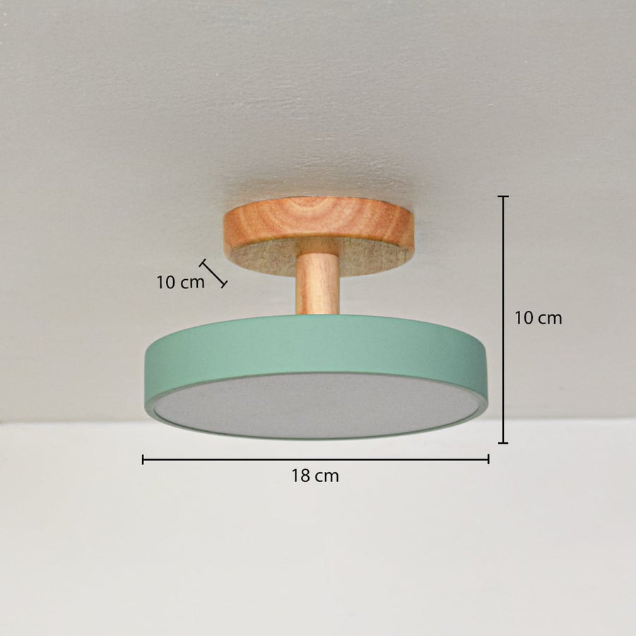 Mint green metal wood ceiling light with 18 cm diameter and 10 cm height for compact modern decor spaces.