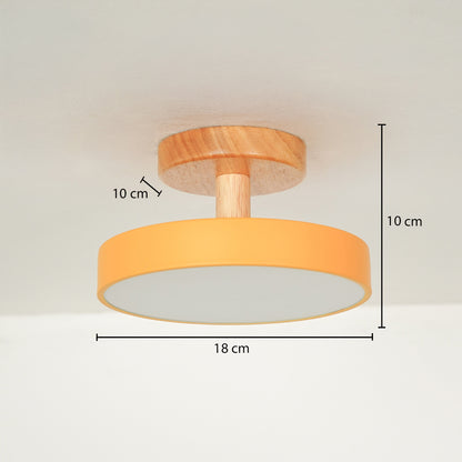 Mustard metal wood ceiling light with 16 cm diameter and 10 cm height for compact modern decor spaces.