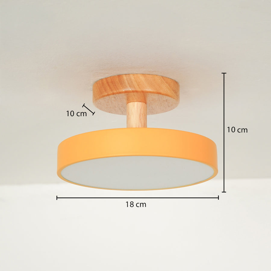 Mustard metal wood ceiling light with 16 cm diameter and 10 cm height for compact modern decor spaces.