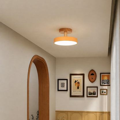 Modern peach ceiling light with wooden accents in cozy hallway for minimalist home decor and ambient lighting.