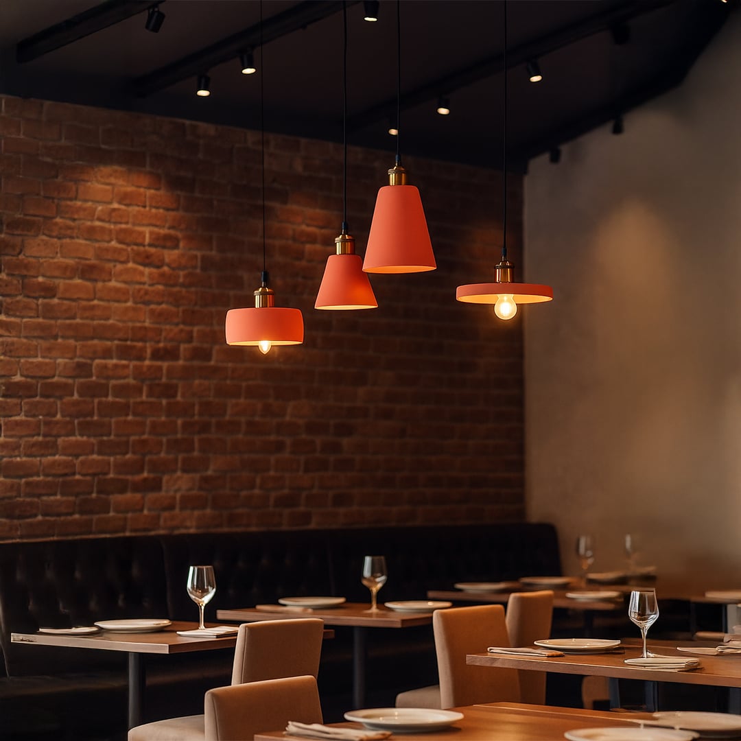 Set of glowing terracotta pendant lights in assorted shapes hanging over a restaurant dining area creating a warm inviting atmosphere.