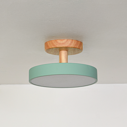 Modern mint green metal and natural wood ceiling light for Scandinavian home decor and contemporary styling spaces.