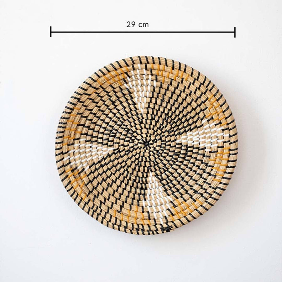 Handwoven natural seagrass basket wall decor with yellow geometric pattern and dimension guide for bedroom wall display.