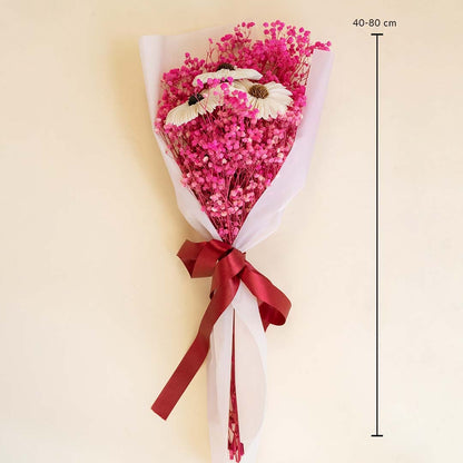 White pink babysbreath dried flower bouquet on white background measuring 40 to 80 cm wrapped neatly for elegant home decor and gifting use.
