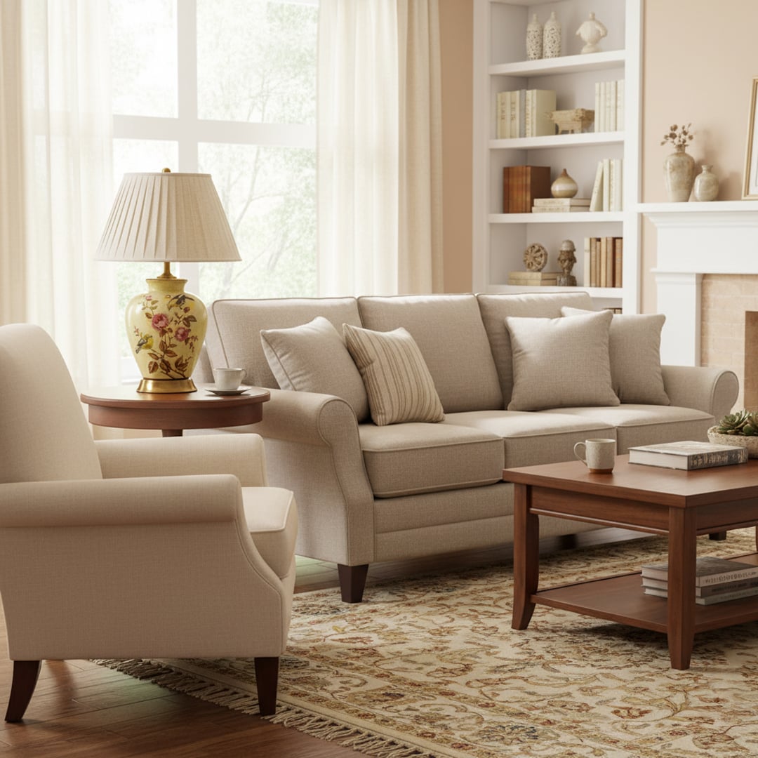 Elegant floral yellow ceramic table lamp with beige pleated shade placed on a centre table enhancing living room decor.