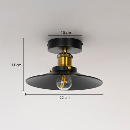 Ceiling light with black metal shade and gold holder shown with size dimensions 11 cm height 22 cm width and 10 cm base.