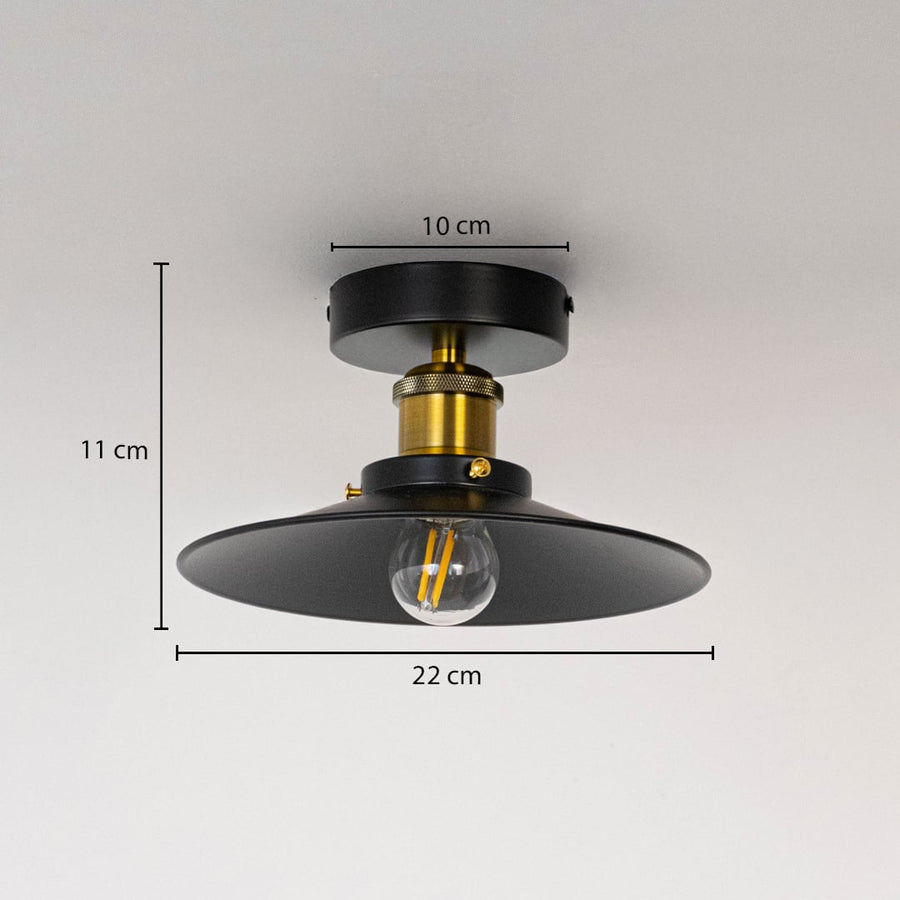 Ceiling light with black metal shade and gold holder shown with size dimensions 11 cm height 22 cm width and 10 cm base.