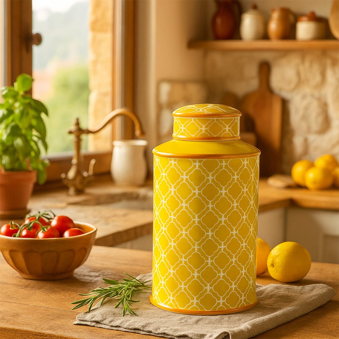 Yellow ceramic jar with white lattice design styled on wooden kitchen counter for luxury home decoration.
