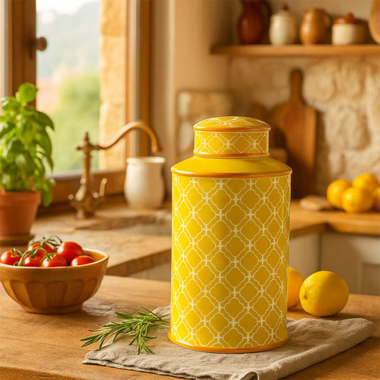Yellow ceramic jar with white lattice design styled on wooden kitchen counter for luxury home decoration.
