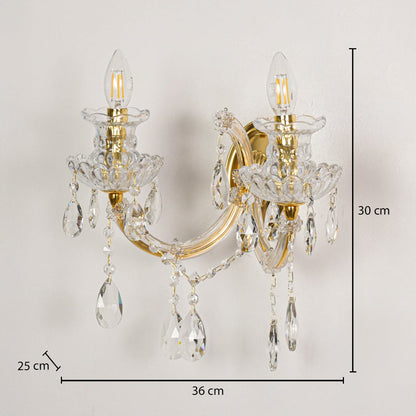 Gold crystal wall light measuring 36 cm wide 30 cm tall and 25 cm deep ideal for elegant living and hallway lighting.
