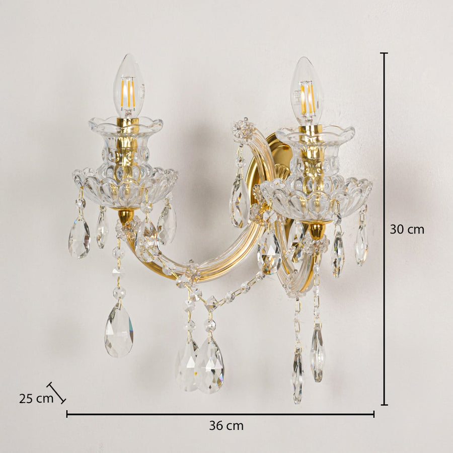 Gold crystal wall light measuring 36 cm wide 30 cm tall and 25 cm deep ideal for elegant living and hallway lighting.