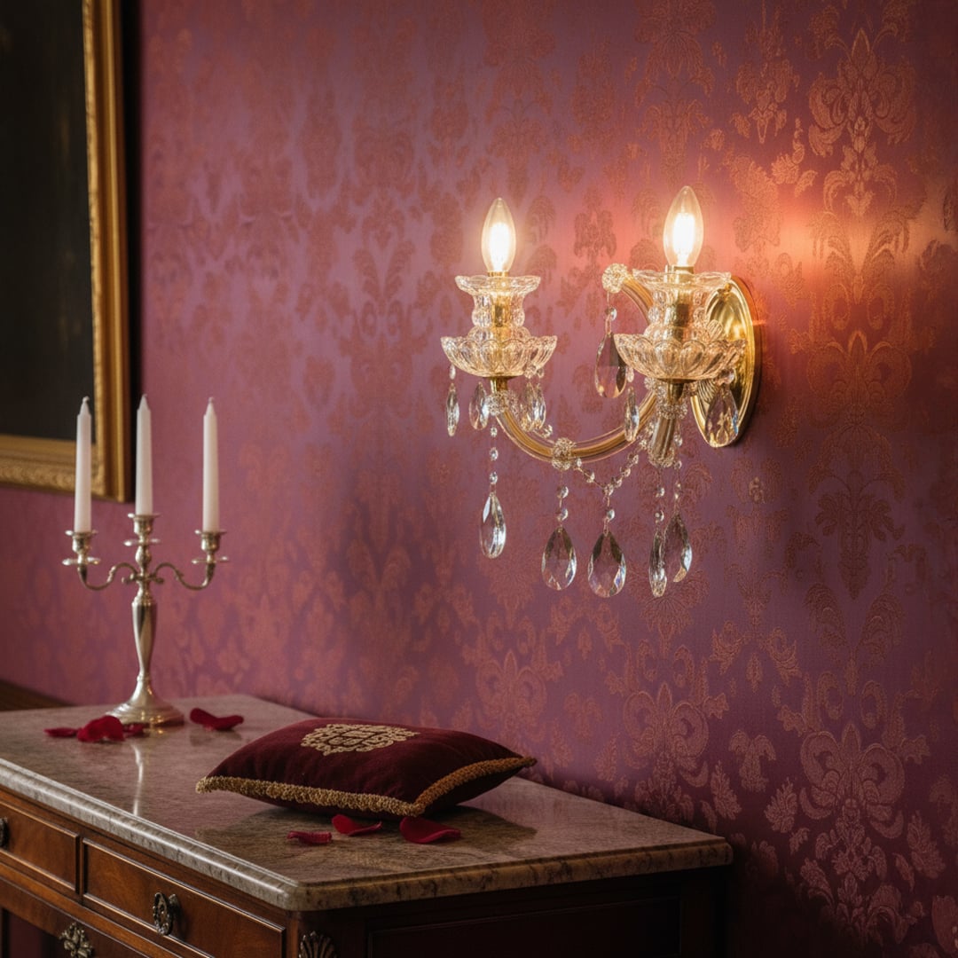 Elegant gold crystal double arm wall light adding warm luxurious charm for living room hallway and bedroom decor.