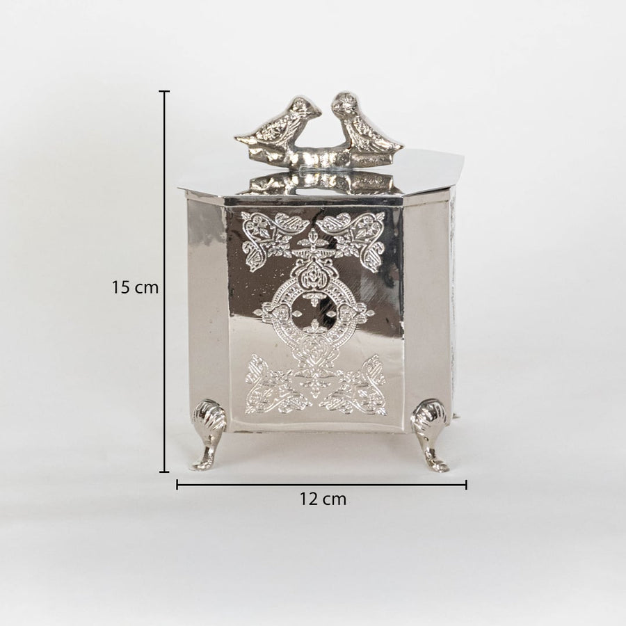 Silver metal decorative box measuring 15 cm height and 12 cm width suitable for tabletop storage and accent Decor.