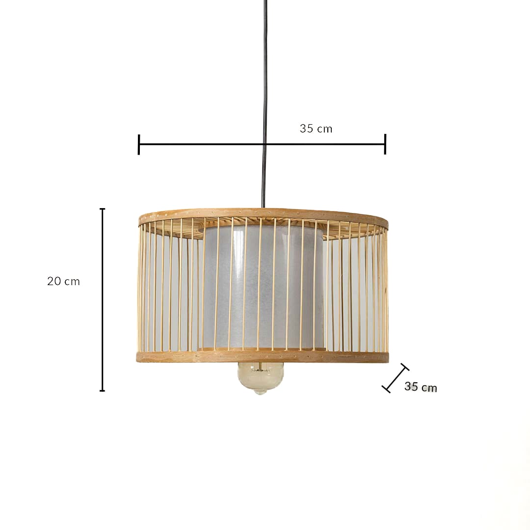 Dimension image of natural bamboo slat drum pendant light with white fabric inner shade showing 20 cm height and 35 cm width.