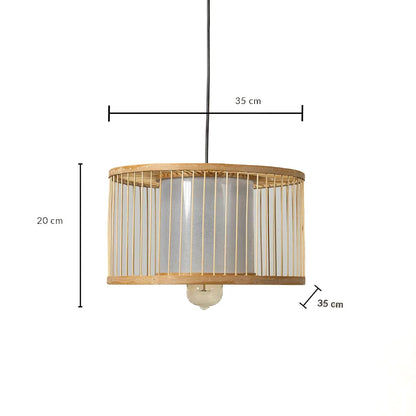 Dimension image of natural bamboo slat drum pendant light with white fabric inner shade showing 20 cm height and 35 cm width.