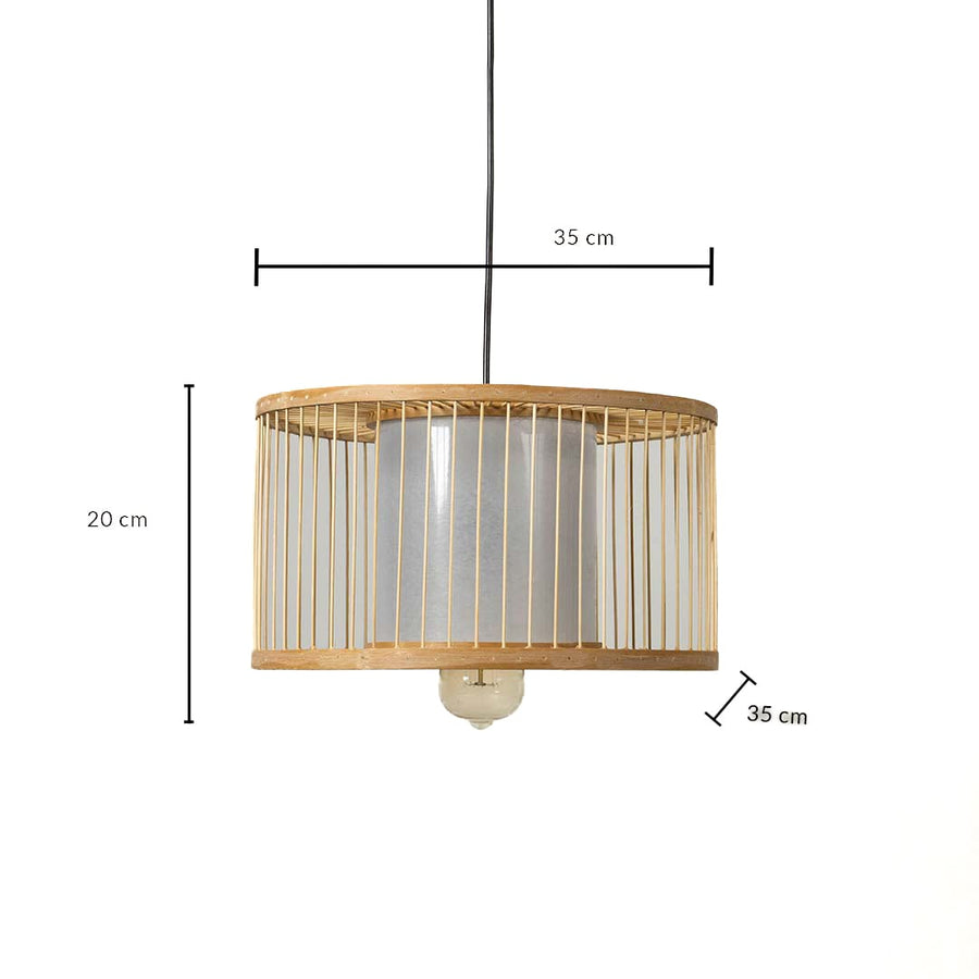 Dimension image of natural bamboo slat drum pendant light with white fabric inner shade showing 20 cm height and 35 cm width.