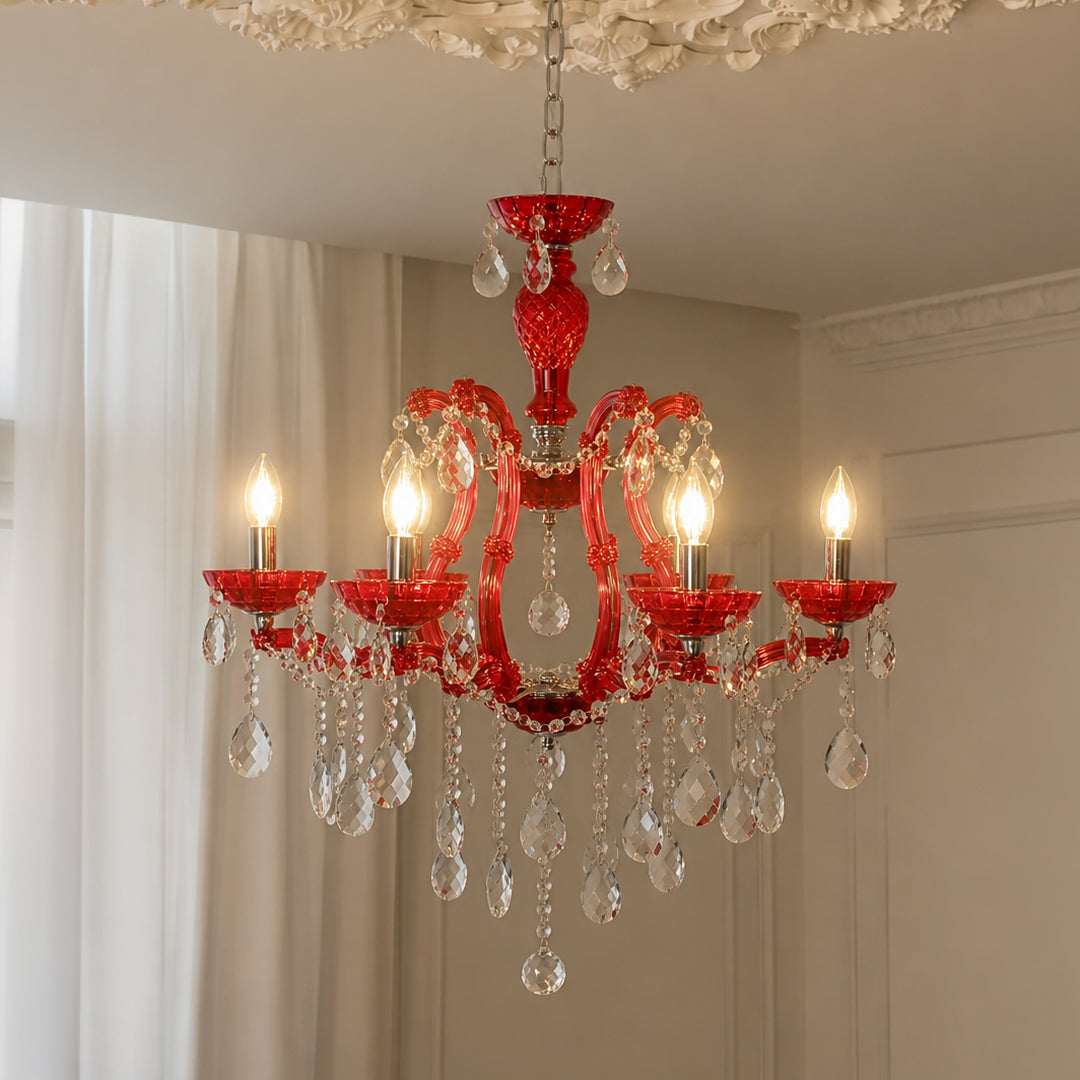 Lifestyle image of red crystal chandelier for luxury ceiling decor styling with modern elegant finish.