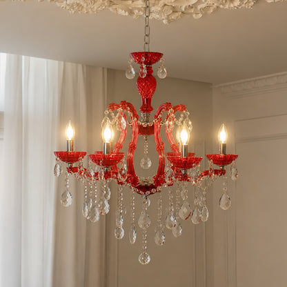 Lifestyle image of red crystal chandelier for luxury ceiling decor styling with modern elegant finish.