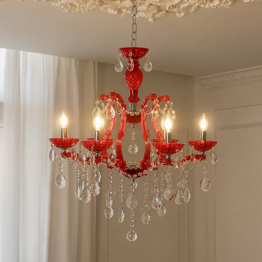 Lifestyle image of red crystal chandelier for luxury ceiling decor styling with modern elegant finish.