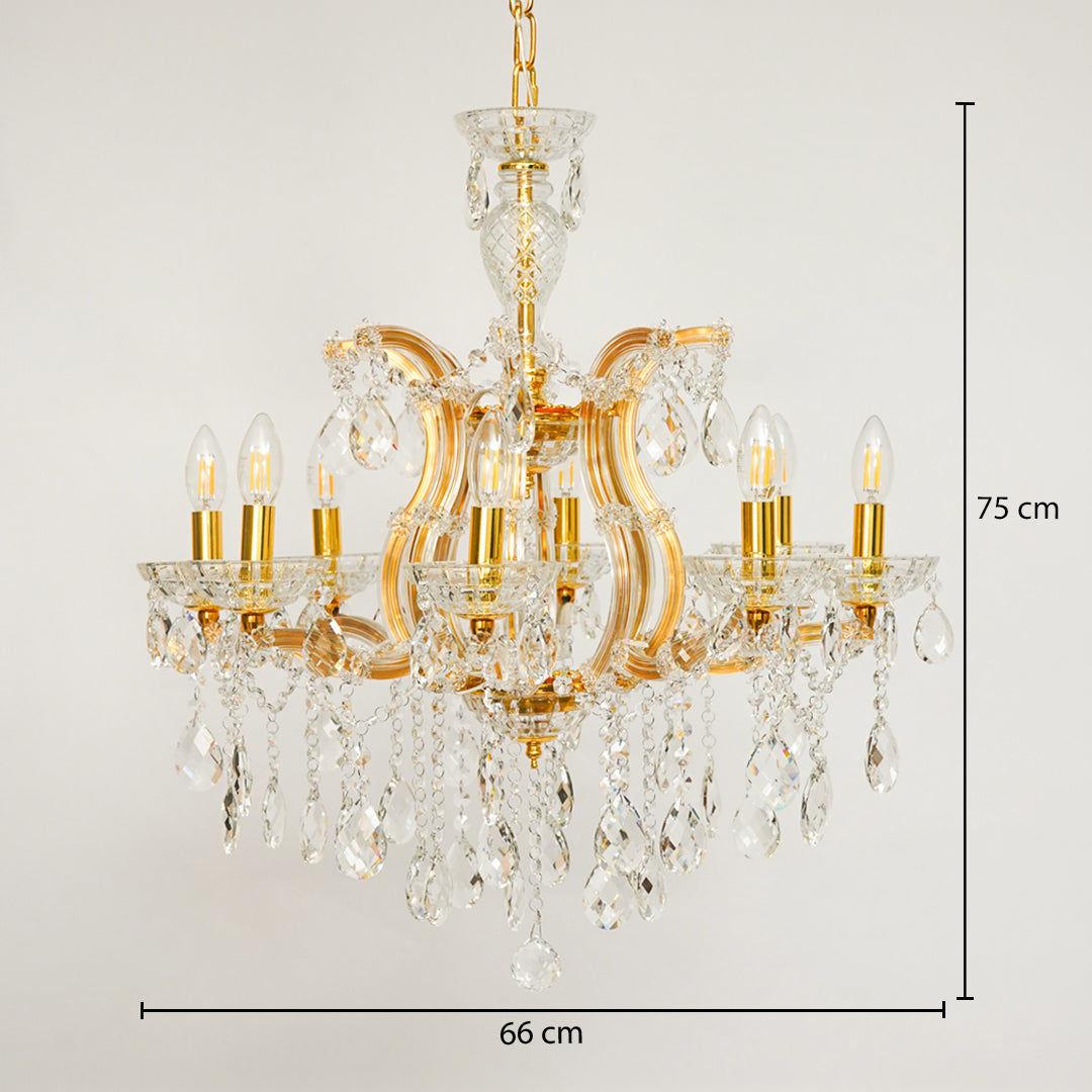 Dimension image of eight light gold transparent crystal chandelier for modern ceiling decor styling with elegant finish.