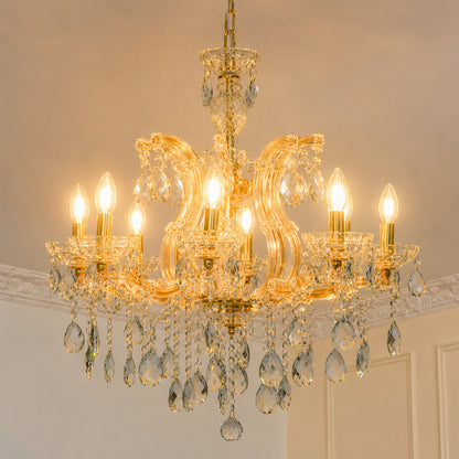 Lifestyle image of eight light gold transparent crystal chandelier for luxury ceiling decor styling with an elegant finish.