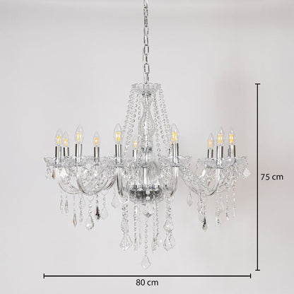 Crystal chandelier with silver detailing shown with 80 cm width and 75 cm height for modern decorative lighting.
