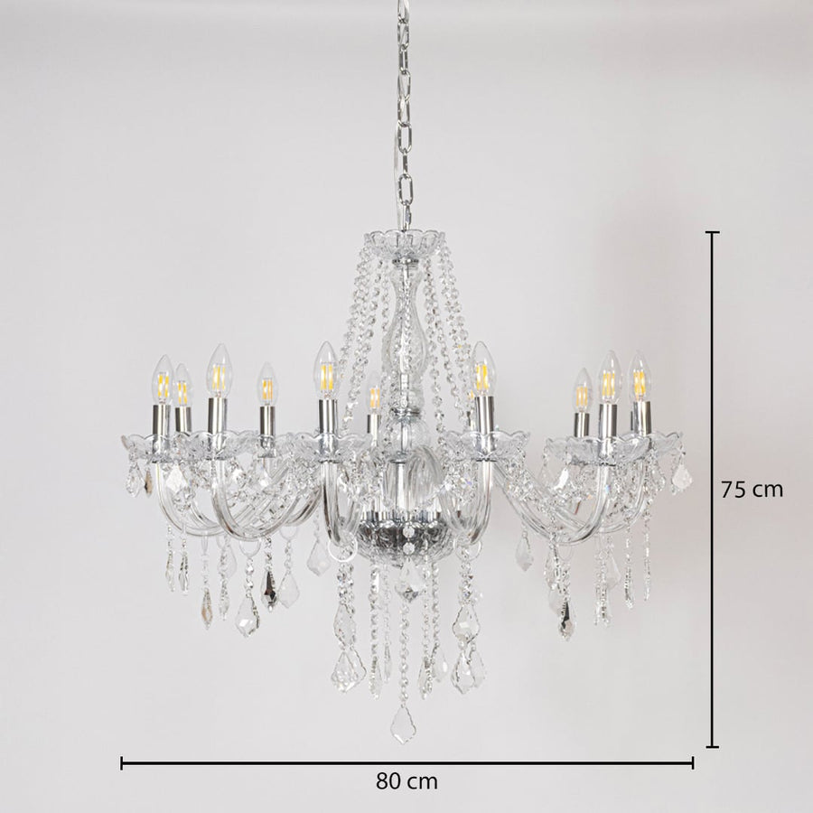Crystal chandelier with silver detailing shown with 80 cm width and 75 cm height for modern decorative lighting.