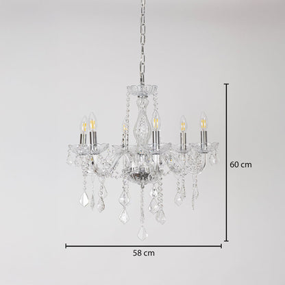 Chandelier with silver finish and crystal design shown with 58 cm width and 60 cm height for stylish lighting.