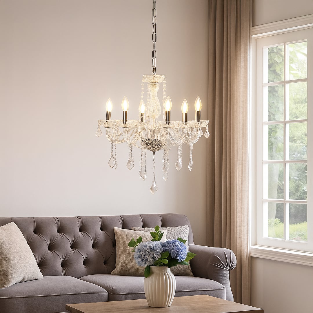 Crystal chandelier with silver accents glowing warmly above sofa in living room for luxury home lighting.