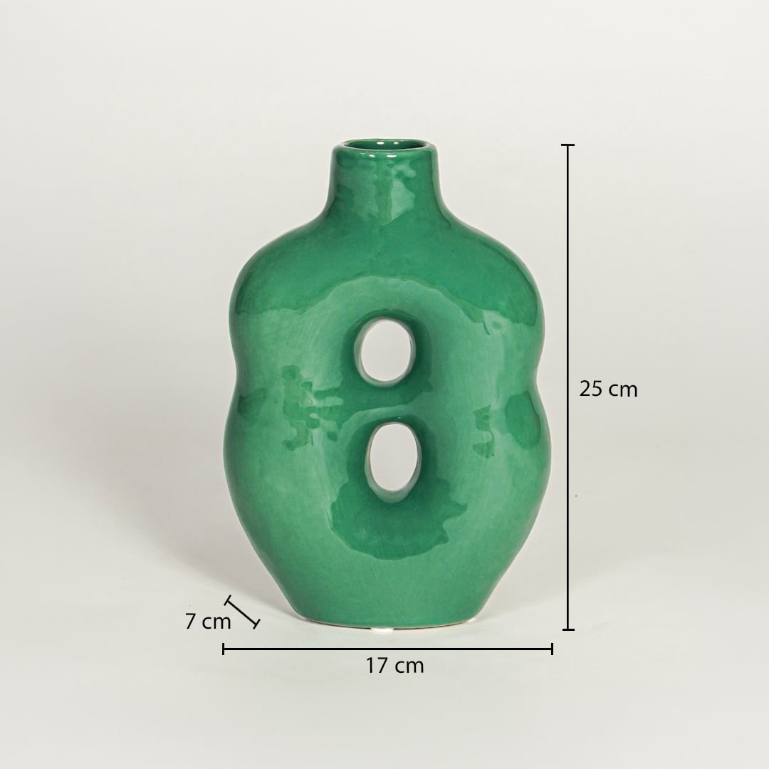 Green ceramic decorative vase size 25 cm height 17 cm width and 7 cm depth shown on dimension reference image.