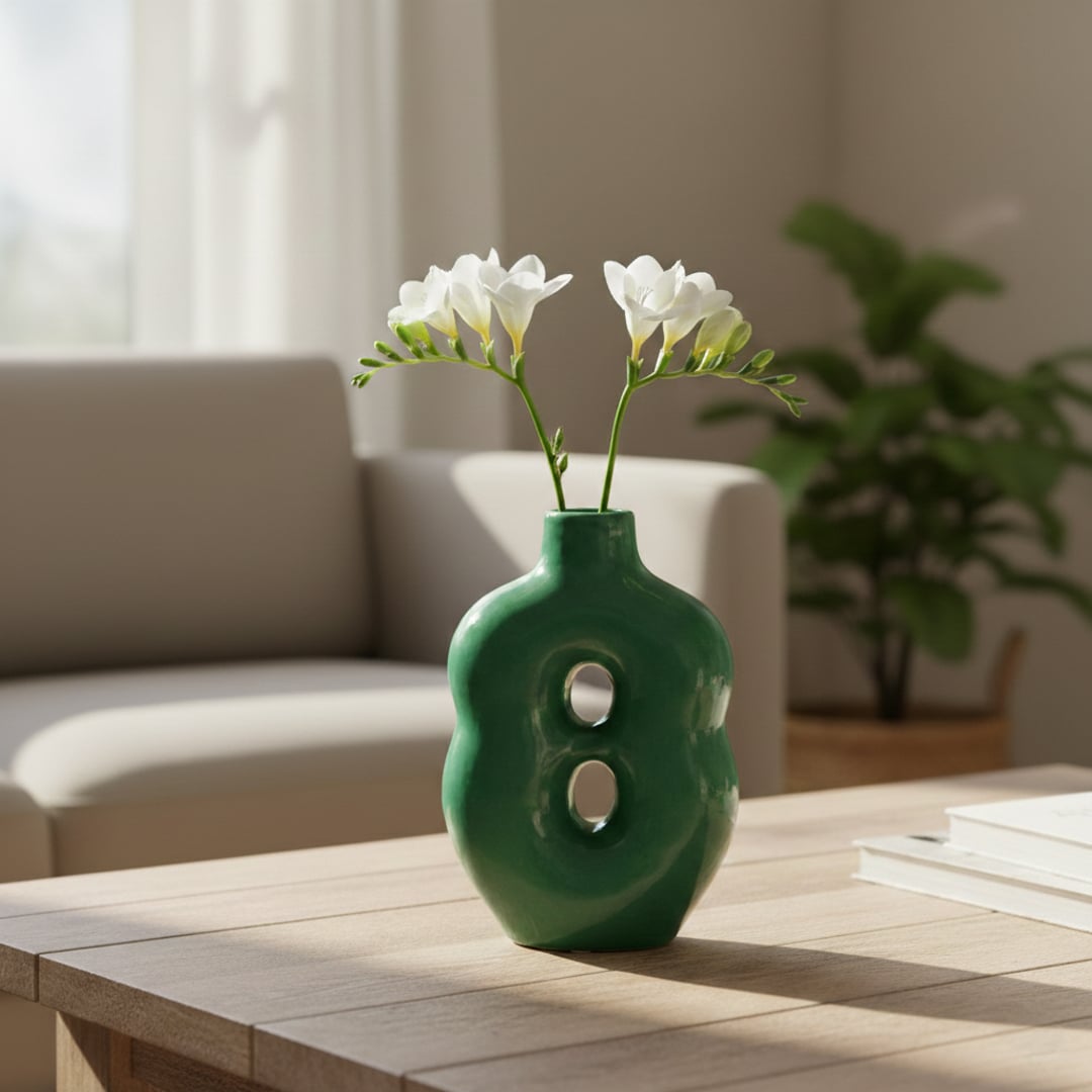 Green glazed ceramic decorative vase with dual cutout design placed on wooden table in modern living room setting.